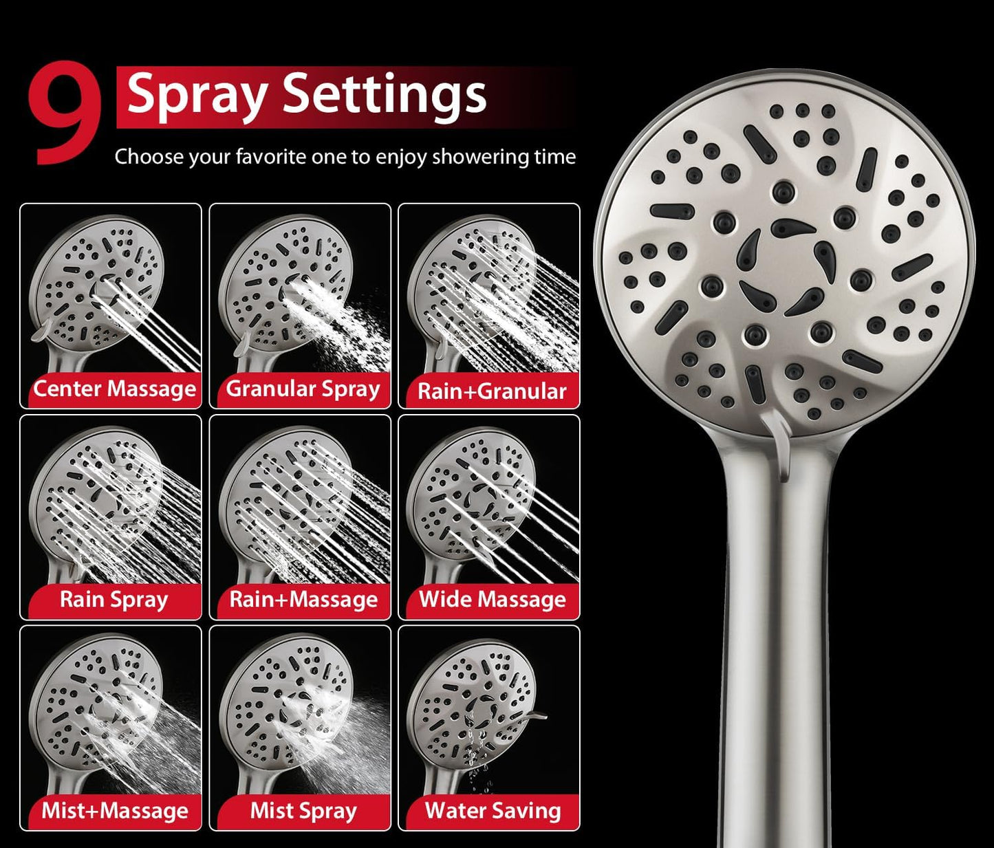 GRICH Shower Heads with Hand Held Spray: 9 Modes High Pressure Shower Head & Rain Shower Head, 2 in 1 Anti-Leak Shower Head with Hose, Height/Angle Adjustable, cUPC Certification Approved