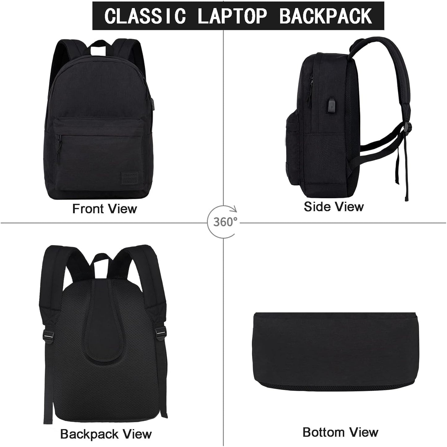 SUPACOOL Casual Laptop Backpack with USB Charging Port for Men and Women, School Bookbag for College, Lightweight Pack Back(Dark Black)