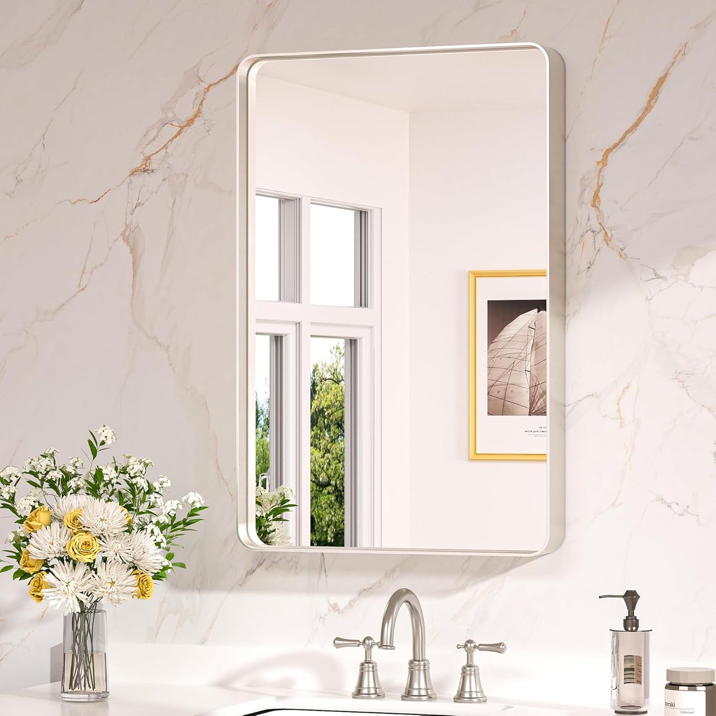 Keonjinn 42 x 36 Brushed Nickel Bathroom Vanity Mirror, Large Rounded Rectangle Bathroom Mirrors for over Sink, Metal Framed Silver Mirror for Wall, Shatterproof HD Tempered Glass(Horizontal/Vertical)