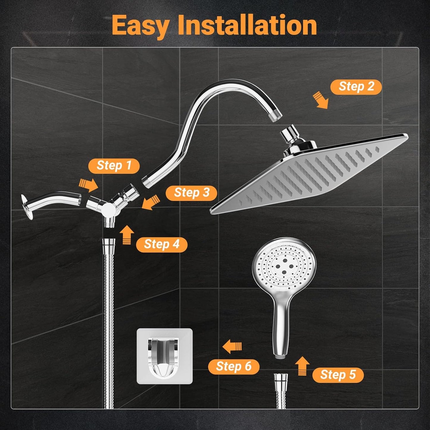 COSYLAND Rain Shower Head with Handheld - 304 Stainless Steel High Pressure 8 inch Square Rainfall Showerhead Combo with 5 Spray Mode 11 inch Extension Adjustable Arm & 60 inch Hose - Chrome