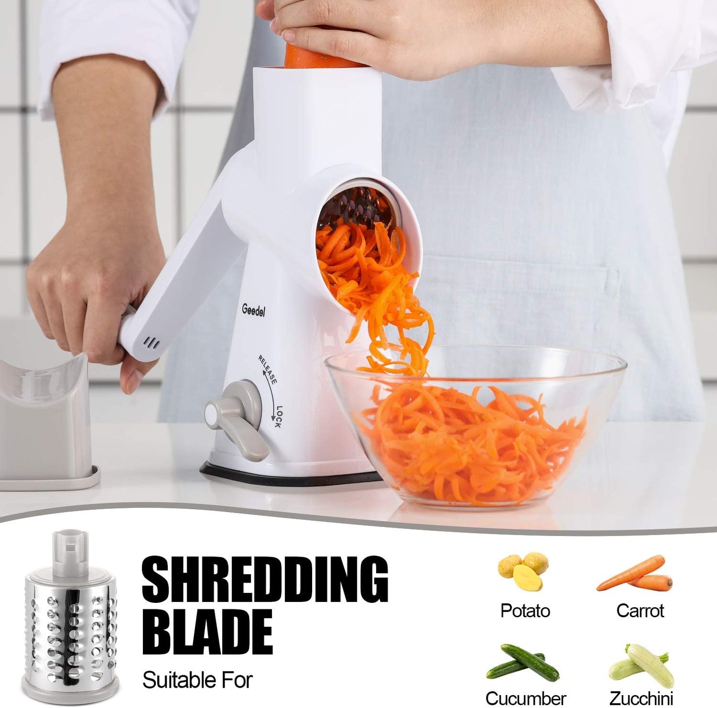 Geedel Kitchen Cheese Grater, Rotary Mandoline Vegetable Slicer with Interchangeable Blades, Easy to Use Rotary Grater Slicer for Fruit, Vegetables, Nuts