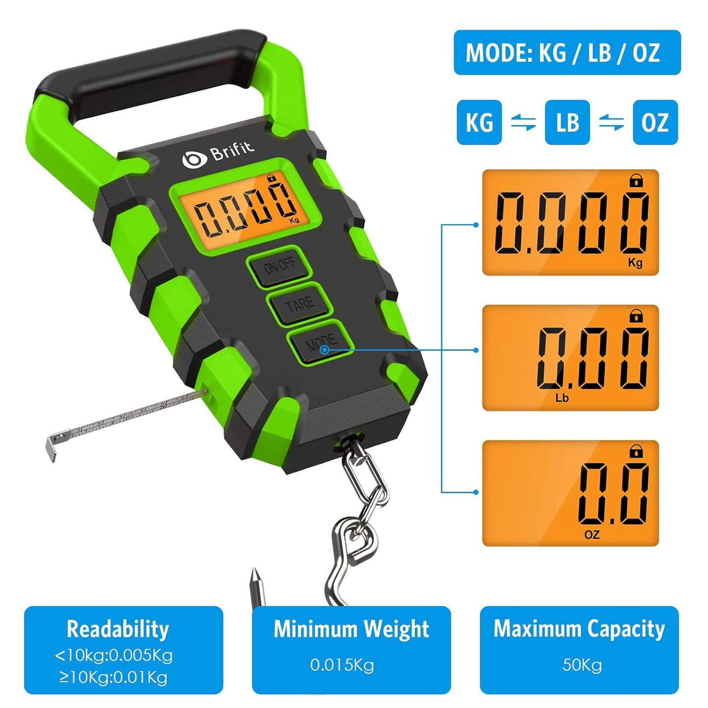 Upgraded Digital Fishing Scale with Ruler, 15g/50kg Electronic Digital Luggage Scale, 110lb Max Fishing Postal Hanging Hook Scale with Measuring Tape, Backlit LCD Display (Batteries Included)