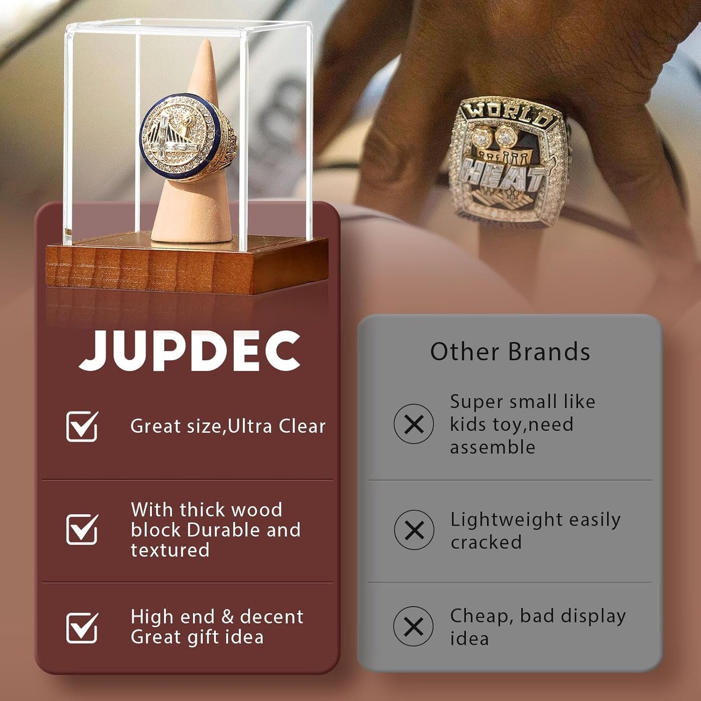 JupDec Baseball Display Case, Clear Cube Baseball Holder with Wooden Base, Autograph Baseball Stand Box for Single Ball, Acacia Wood, Brown, 1 Pack