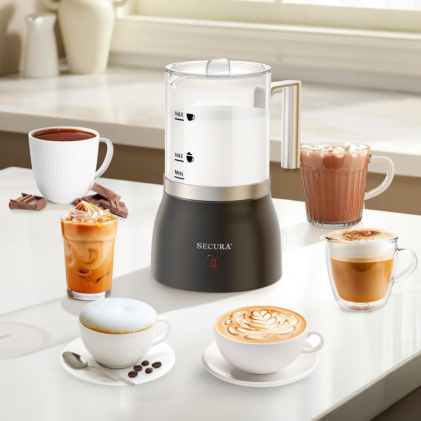 Secura Detachable Milk Frother and Steamer, 17oz Electric Milk Warmer 4-in-1 Hot/Cold Foam Maker for Latte, Cappuccinos, Macchiato, Hot Chocolate