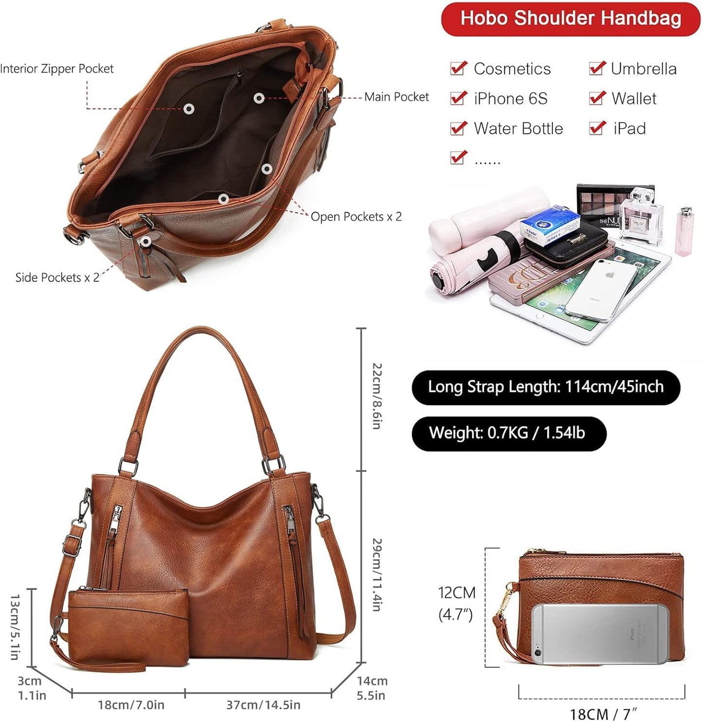 Hobo Bags for Women Handbags Purse Ladies Boho Shoulder Bag Crossbody Purses PU Leather Brown 2PCS