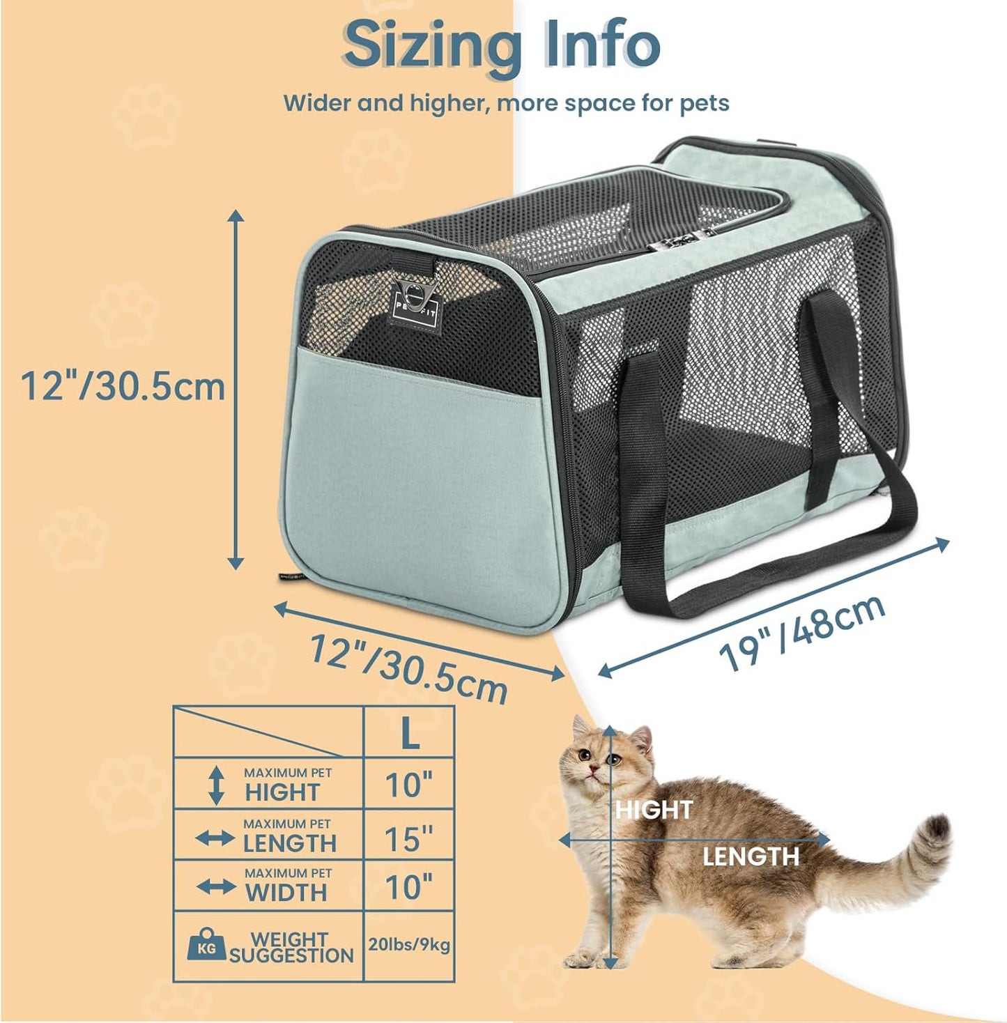 Petsfit Pet Carrier Airline Approved, Soft-Sided Cat Carrier with Patented Car Buckle, Lightweight and Collapsible with Adjustable Shoulder Strap, Soft Cushion,Green