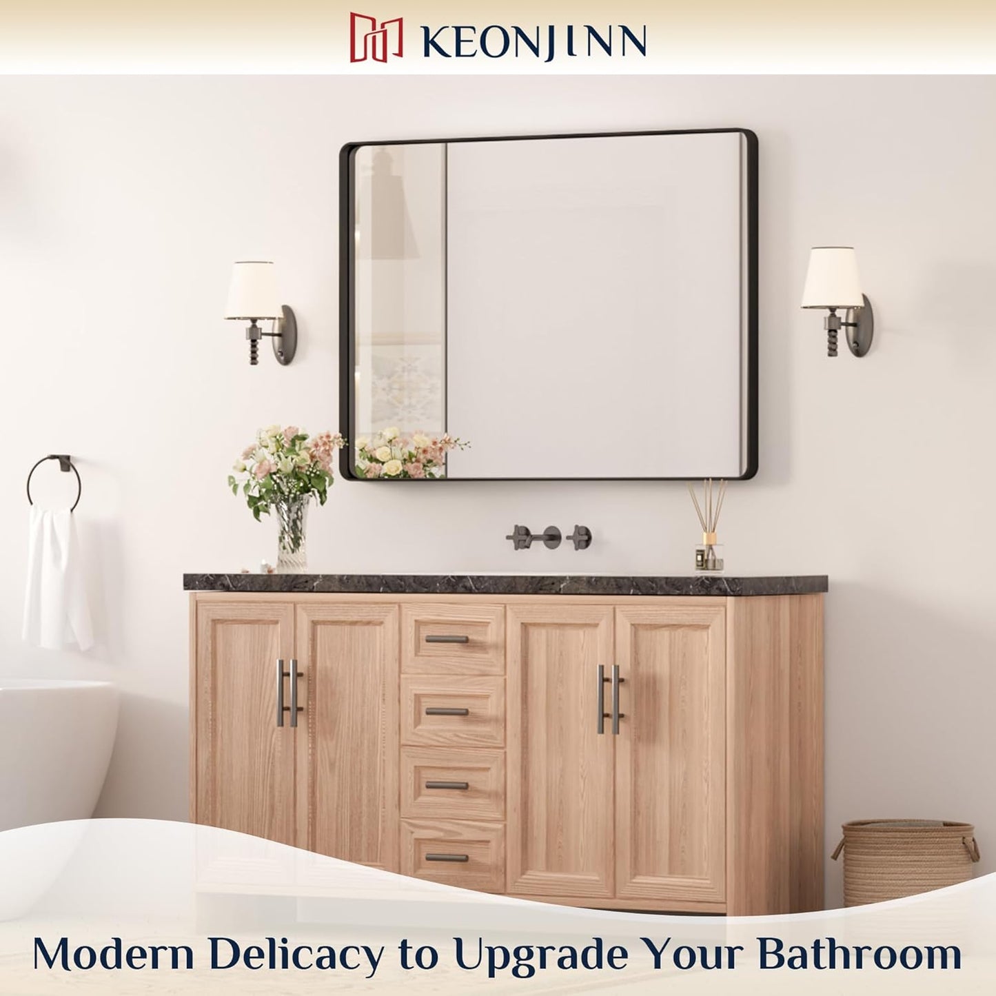 Keonjinn 42 x 36 Brushed Nickel Bathroom Vanity Mirror, Large Rounded Rectangle Bathroom Mirrors for over Sink, Metal Framed Silver Mirror for Wall, Shatterproof HD Tempered Glass(Horizontal/Vertical)