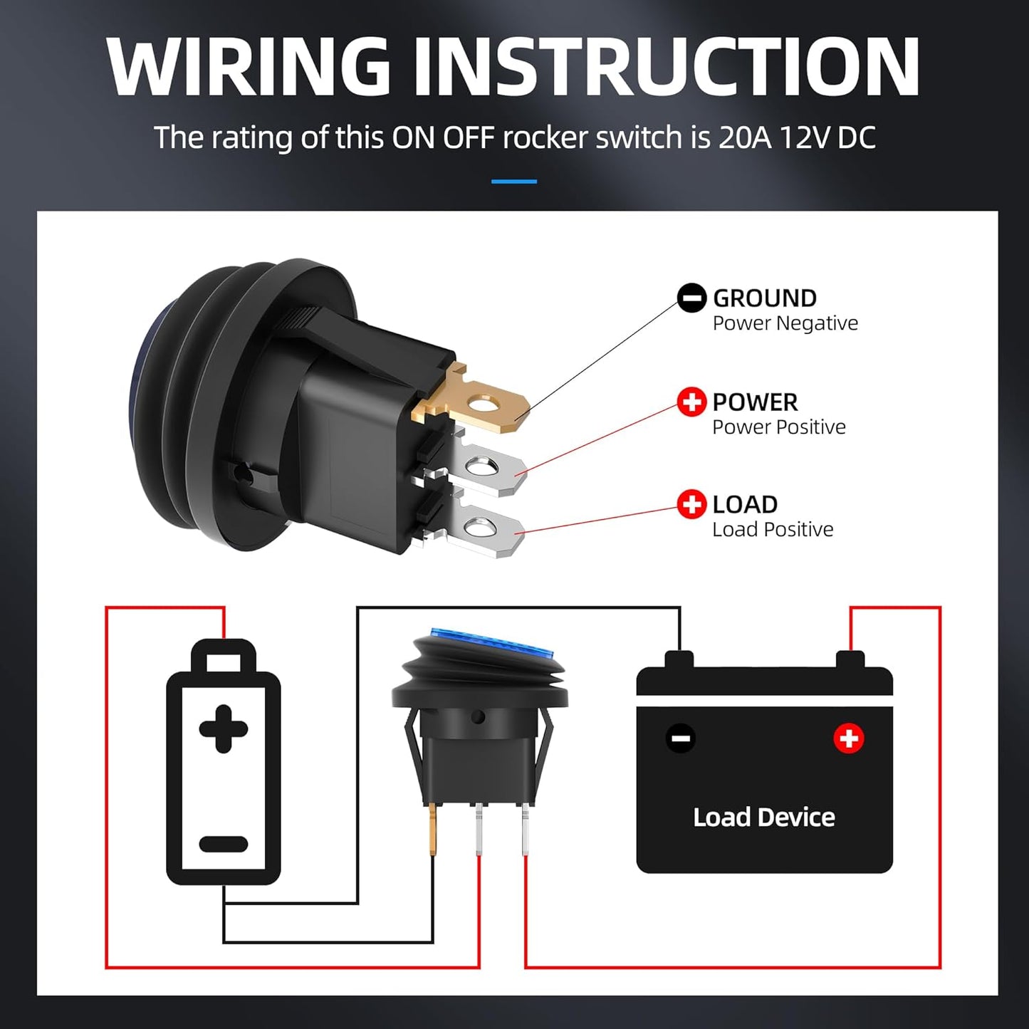 DaierTek Waterproof Round Rocker Switch with Shell UL Listed 12V Blue LED Rocker Toggle Switch Lighted ON Off SPST 3 Pin Rocker Switch 12 Volt for Marine Automotive RV Truck -2PCS