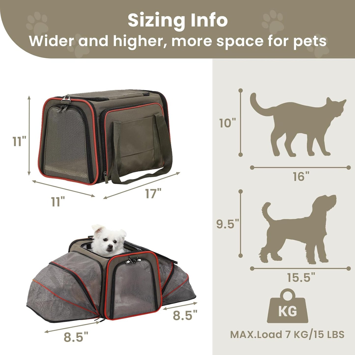 Petsfit Expandable Cat Dog Carrier Airline Approved, 17" L x 11" W x 11" H Soft-Sided Portable Pet Travel Carrier for Kitten, Puppy, Removable Soft Plush Mat and Pockets, Auto-Locking Zippers