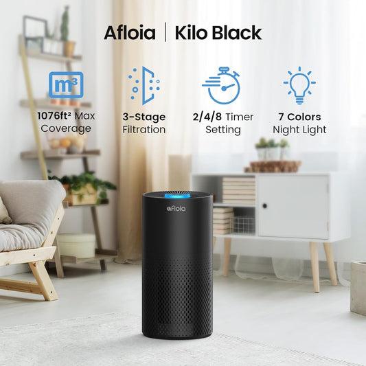 Air Purifiers for Home Large Room Up to 1076 Ft², Afloia 3-Stage Air Purifier for Bedroom 22 dB, Air Filter for Pets Dust Dander Mold Pollen, Odor Smoke Eliminator, Kilo Black, 7 Colors Light