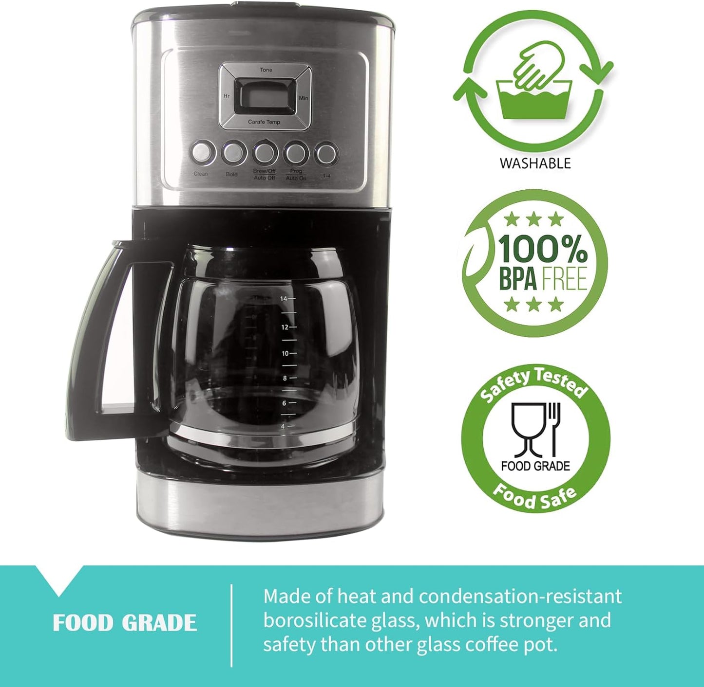 14-Cup Glass Replacement Coffee Carafe Compatible with Cuisinart Coffee Maker Models DCC-2200, DCC-2600, DCC-2800, DCC-3200, and DCC-3200P1, Coffee Pot Decanter Pitcher, Black Handle