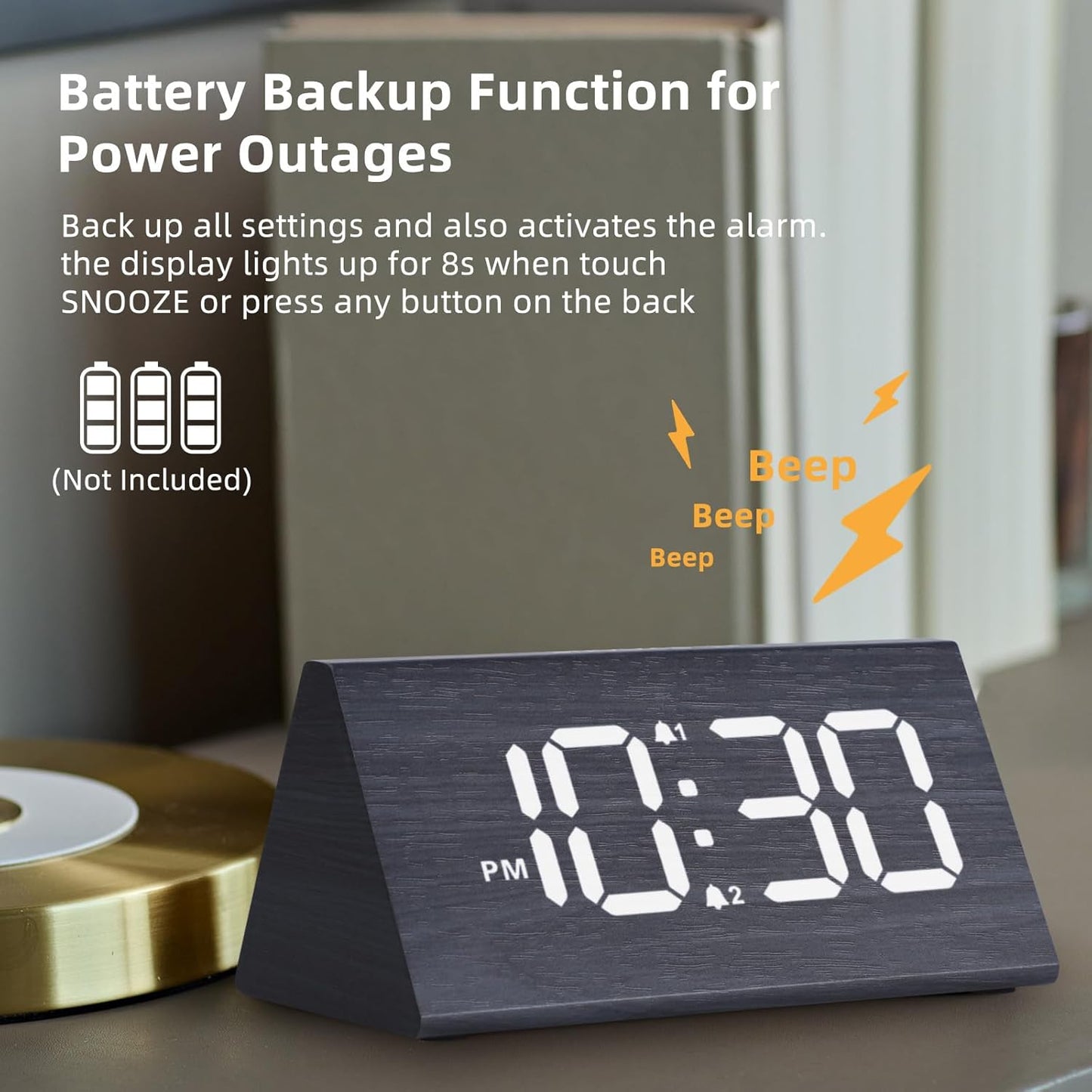 Odokee Wooden Digital Alarm Clock for Bedroom: Electric Desk Clock with Large LED Display - Brown