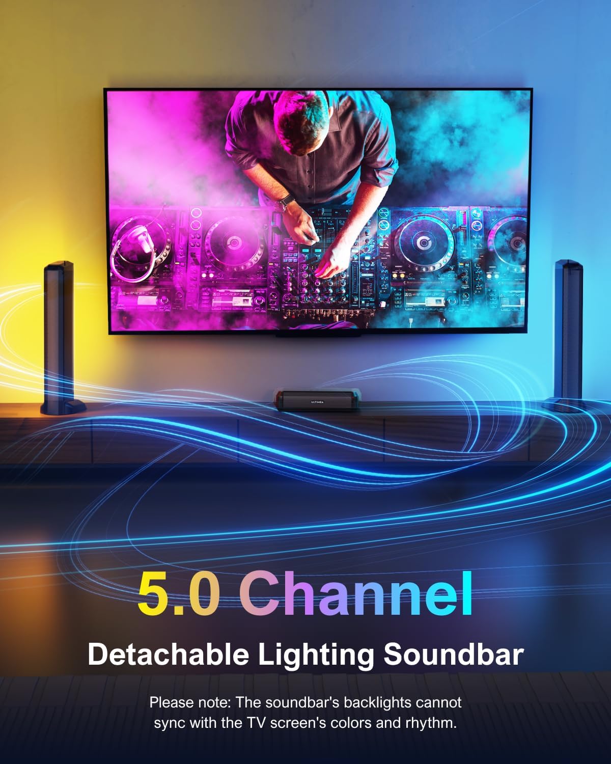 ULTIMEA 5.0ch Sound Bar for Smart TV, PC Soundbar with RGB Light, Detachable Soundbar with App Control, 120W Peak Power, Bluetooth 5.3 TV Sound Bar, HDMI-ARC/Opt/AUX, Wall Mount, Apollo S70