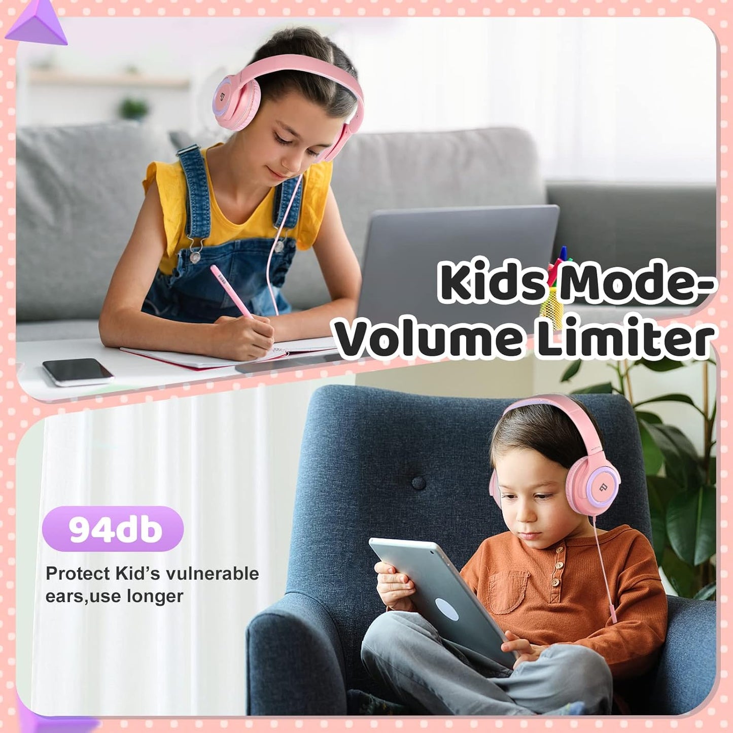 INFURTURE Kids Headphones for School Travel, 94dB Safe Volume Limited, HD Mic Stereo Sound Over-Ear Girls Boys Headphones for Kid, Foldable 3.5mm and USB-C Wired Headphones for iPad Computer