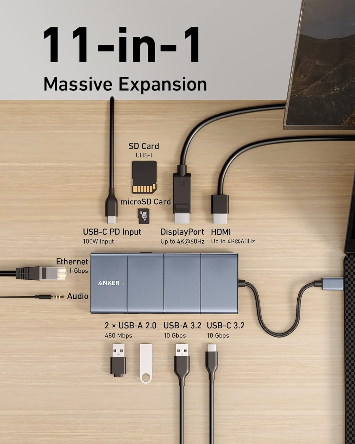 Anker 565 11-in-1 USB C Hub, 10 Gbps USB-C and USB-A Data Ports, 4K HDMI and DisplayPort, 100W Power Delivery, 2 USB 2.0 Data Ports, Ethernet, AUX, microSD and SD Card Slots, for XPS and More