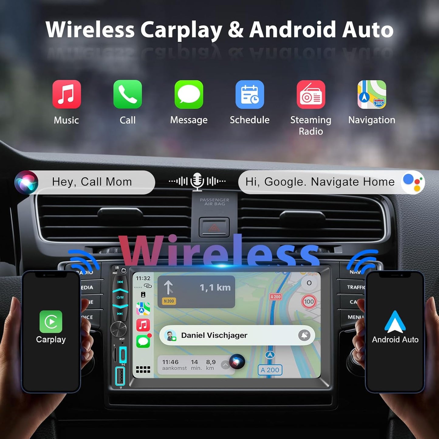 KMUTZY 7" Wireless Double Din Car Stereo,Apple Carplay Radio Screen for Car Audio Receivers, Bluetooth Car Play Android Auto Touchscreen, Mirror Link, Backup Camera, SWC, AM/FM, AirPlay, Type-C