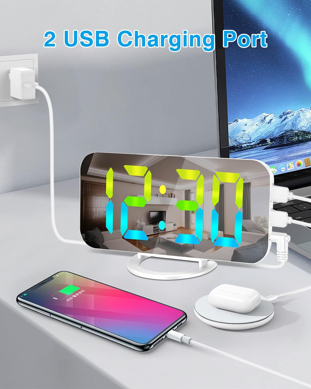 SZELAM Digital Alarm Clock,LED and Mirror Desk Clock Large Display,with Dual USB Charger Ports,3 Levels Brightness,12/24H,Modern Electronic Clock for Bedroom Home Living Room Office - Gold