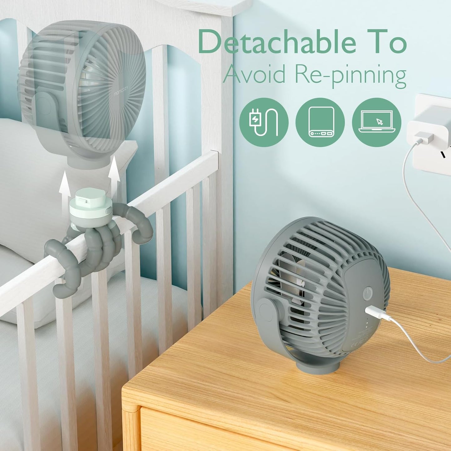 Momcozy Portable Stroller Fan, 27H Ultra-long Battery Life, Detachable 4 Speed 360°Rotate, LED Night Light with 2 Modes, USB Rechargeable and Handheld Cooling Fan for Travel, Car Seat