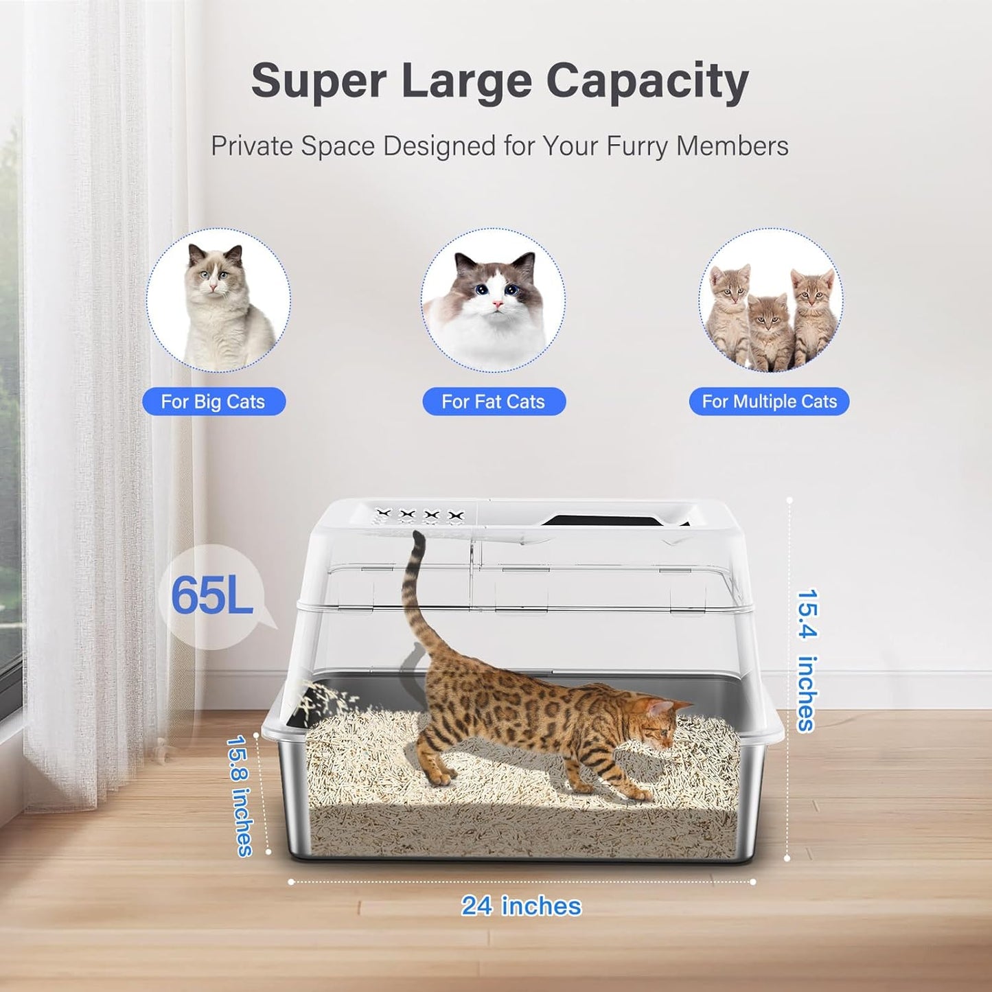 Stainless Steel Litter Box with Lid, XL Extra Large Enclosed Cat Litter Box for Big Cats 110° Flip Cover, Top Entry Metal High Sided Litter Box & Pedal & Scoop, Anti-Leakage (Grey)
