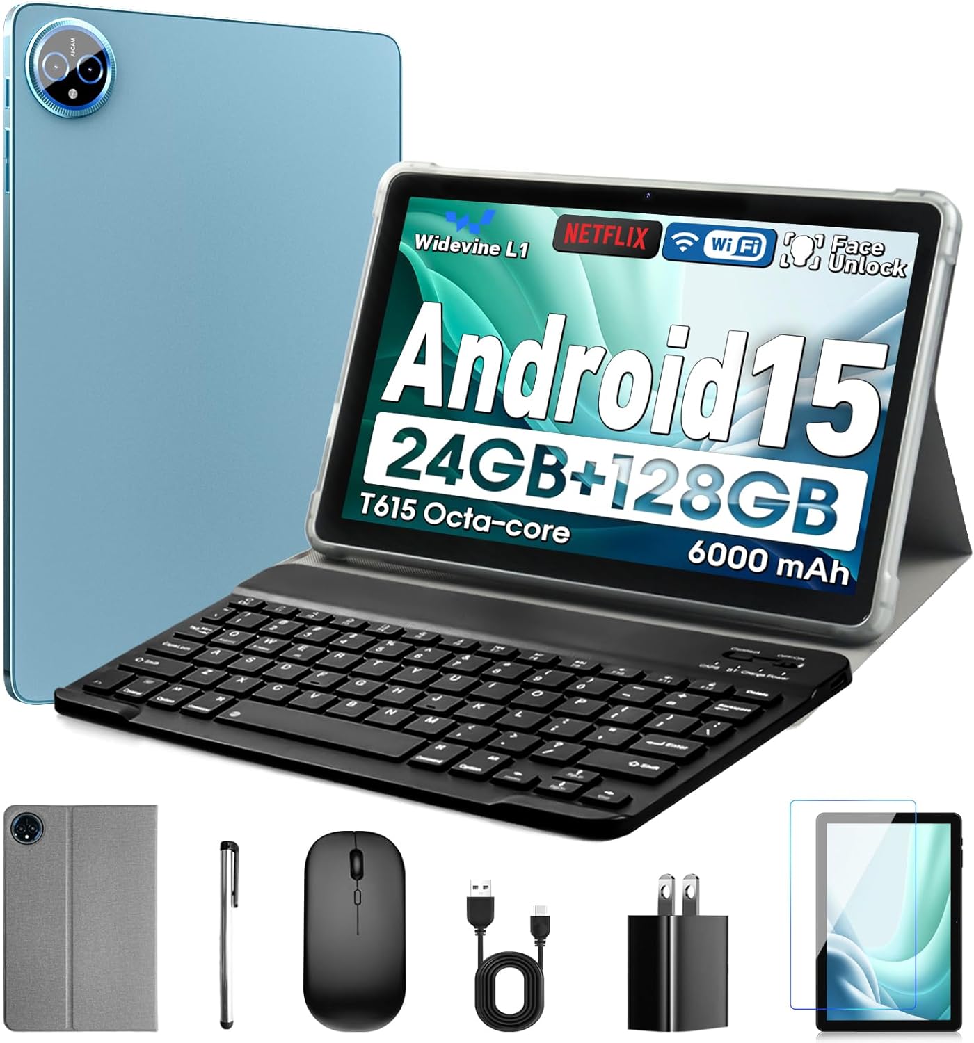 10 Inch Tablet, Android 15 Tablet with 24GB RAM + 128GB ROM (1TB Expandable), Octa-Core, 1280x800 IPS HD Touchscreen, 5MP+8MP Dual Camera, 6000mAh, Tablet with Keyboard, Mouse, Widevine L1(Blue)