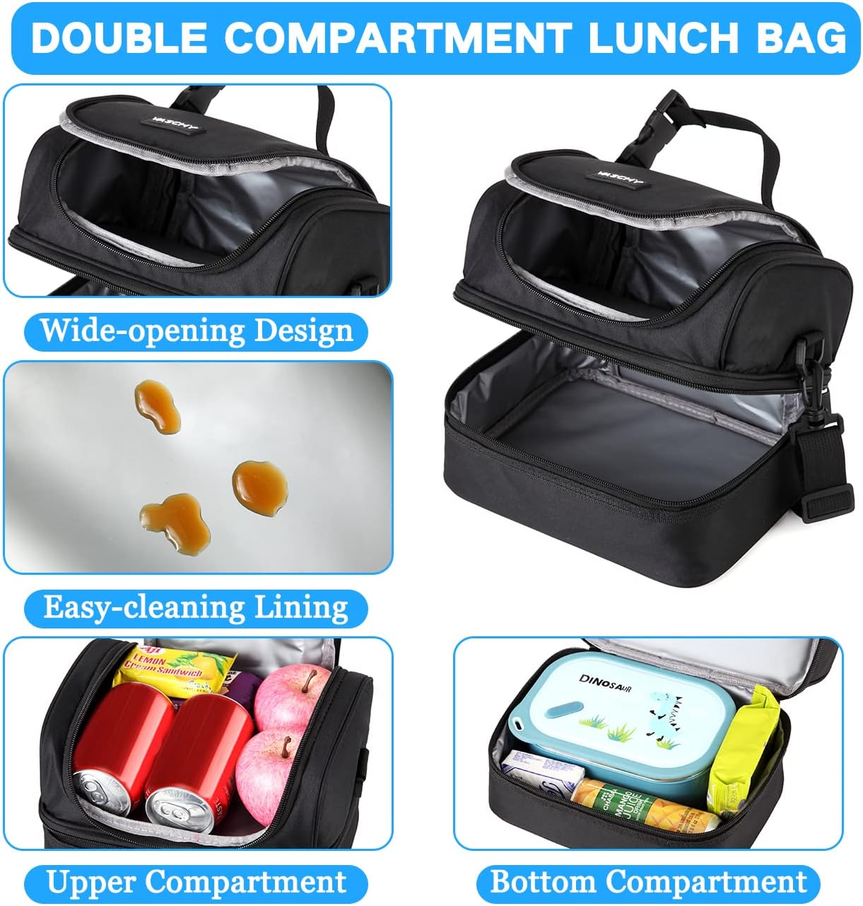 VASCHY Lunch Box Bag Men, Insulated Two Compartments Bento Cooler Bags for Adults/Women/Kids for School,Daycare,Kindergarten,Picnic Black