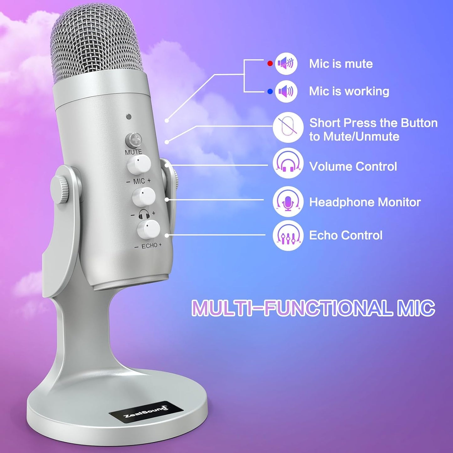 ZealSound USB Microphone,Condenser Phone Computer PC Mic kit,Plug&Play Gaming Microphones for PS 4&5.Mic Gain&Volume Control,Echo &Mute Button for Vocal,Record,Streaming,Discord YouTube Podcast on Mac