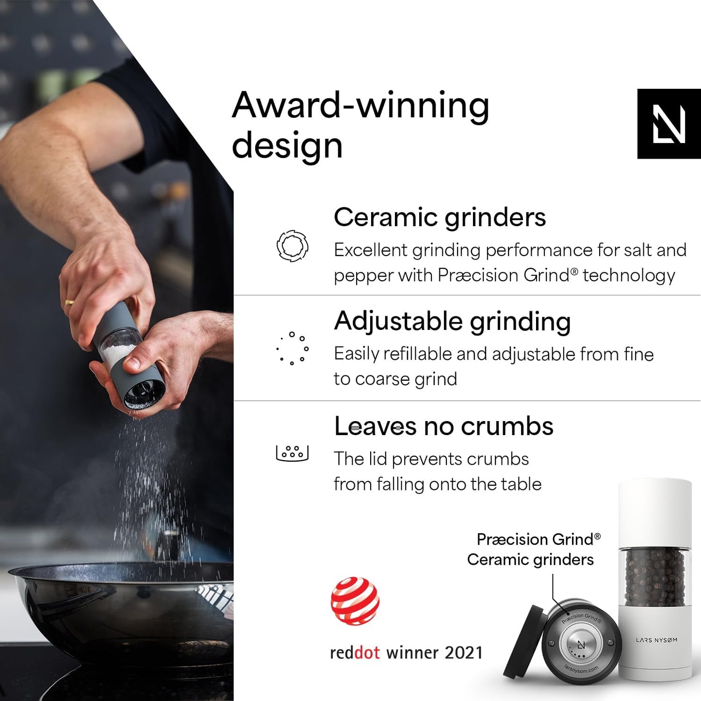 LARS NYSØM Salt and Pepper Grinder Set I Salt and Pepper Mills with Adjustable Ceramic Grinder 2 Pieces I Manual Design Spice Mill Set (Carbon Black)