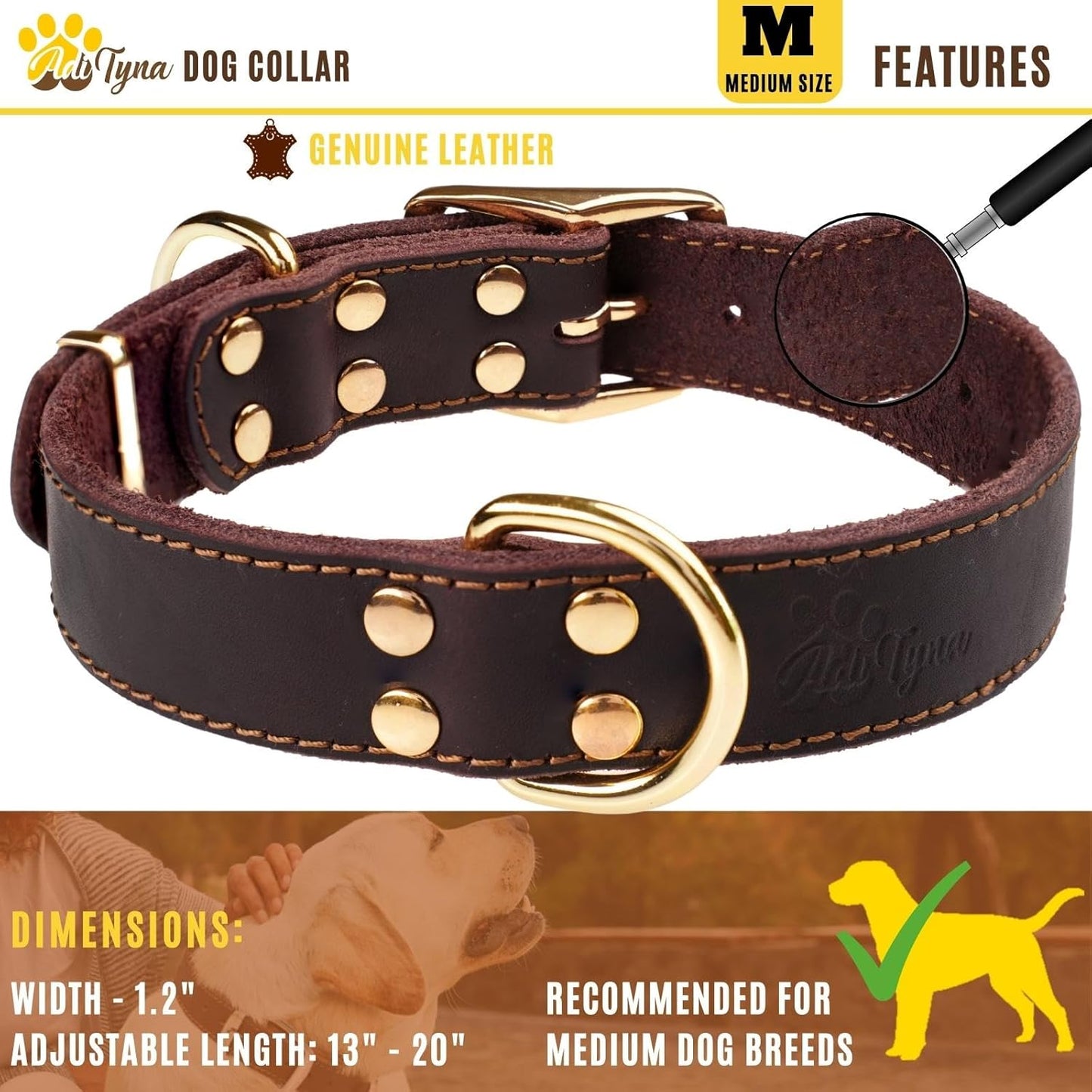 ADITYNA Heavy-Duty Leather Dog Collar for Medium Dogs - Soft and Strong, 100% Genuine Leather - Collier Pour Chien (Medium: Fit 13" - 20" Neck, Brown)