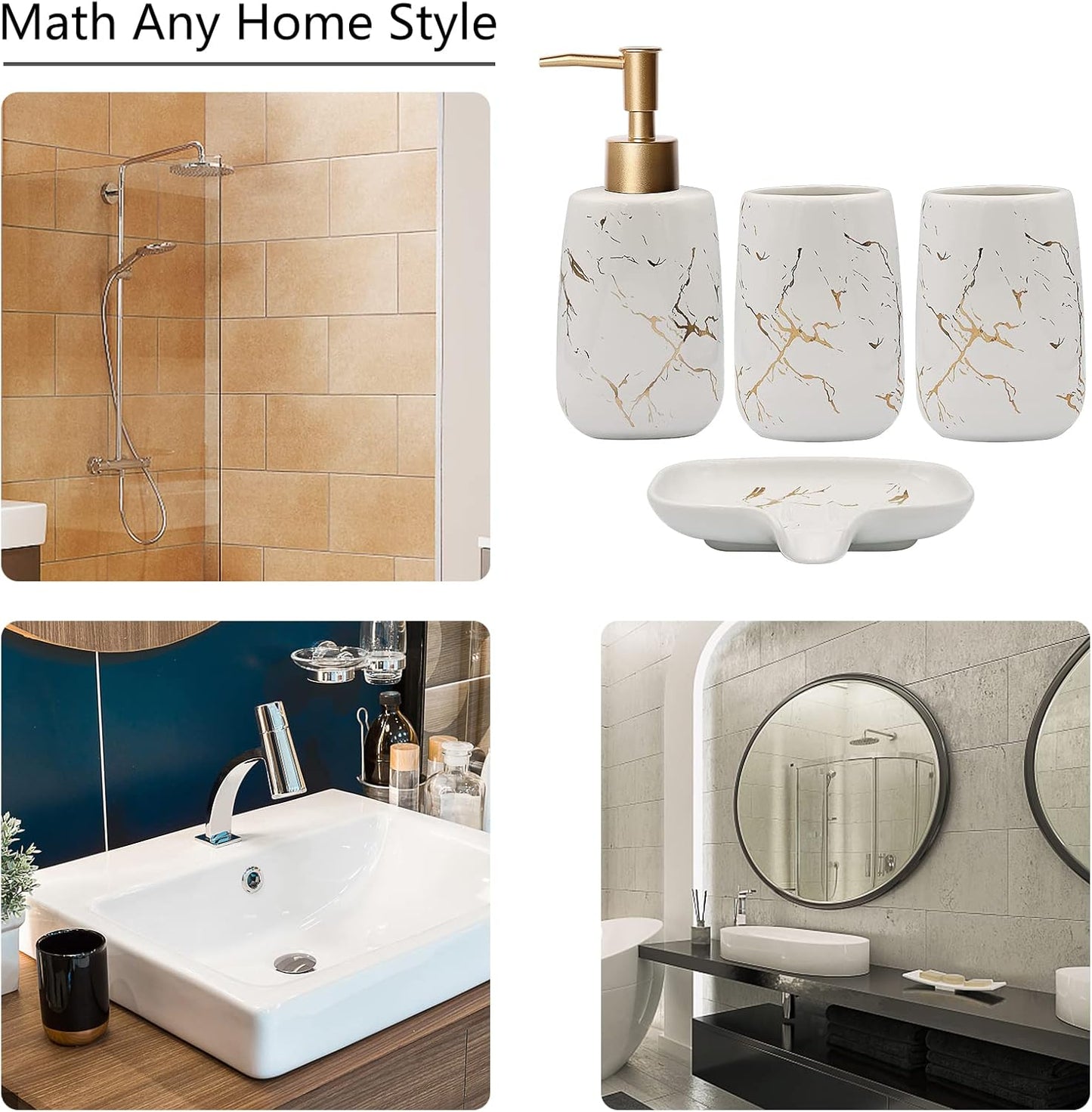 Qulable White Bathroom Accessories Set Complete, 4 Pcs Ceramic Bathroom Decorations Accessories Sets Includes Lotion Dispenser, 2 Tumblers and Soap Dish for Bath Decor, Countertop Vanity Organize