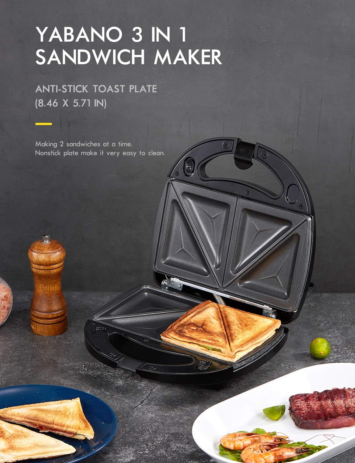 Yabano Sandwich Maker, 3 in 1 Waffle Maker, Toaster and Electric Panini Press Grill with Non-stick Coating Plate, Easy to Clean, Heating Up Fast
