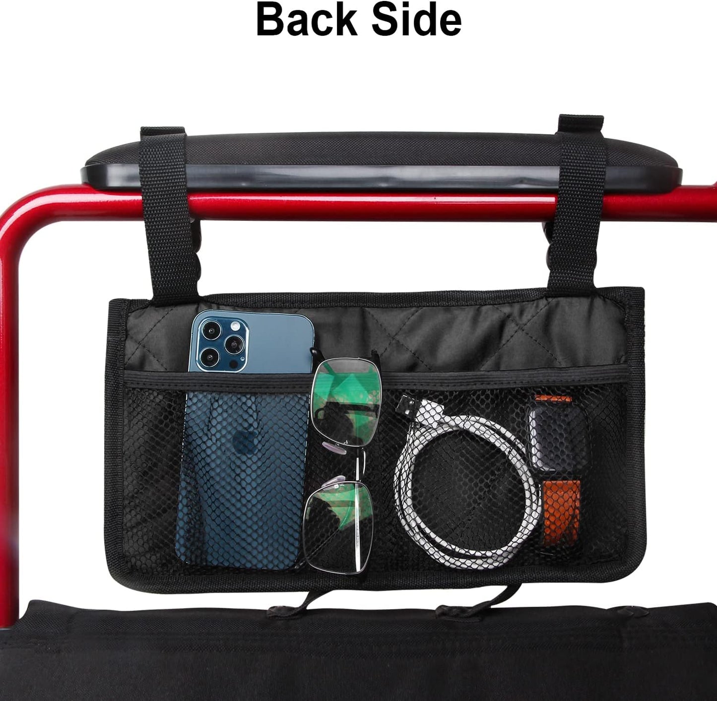Wheelchair Side Bag, Wheelchair Armrest Storage Pouch with Cup Holder and Reflective Strip for Wheelchairs, Walkers or Rollators (Black)