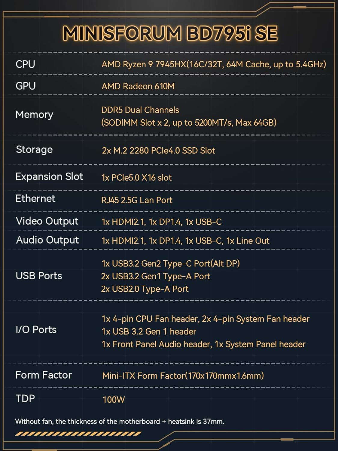 MINISFORUM BD795i SE Mini ITX Motherboard, AMD Ryzen 9 7945HX, 16 C/32 T,Up to 5.4 GHz,PCIe 5.0 x16 Slot, Dual PCIe4.0 M.2 Support, DDR5,8K Triple Output with HDMI/DP/USB-C, RJ45 2.5G, USB 3.2 Gen 2