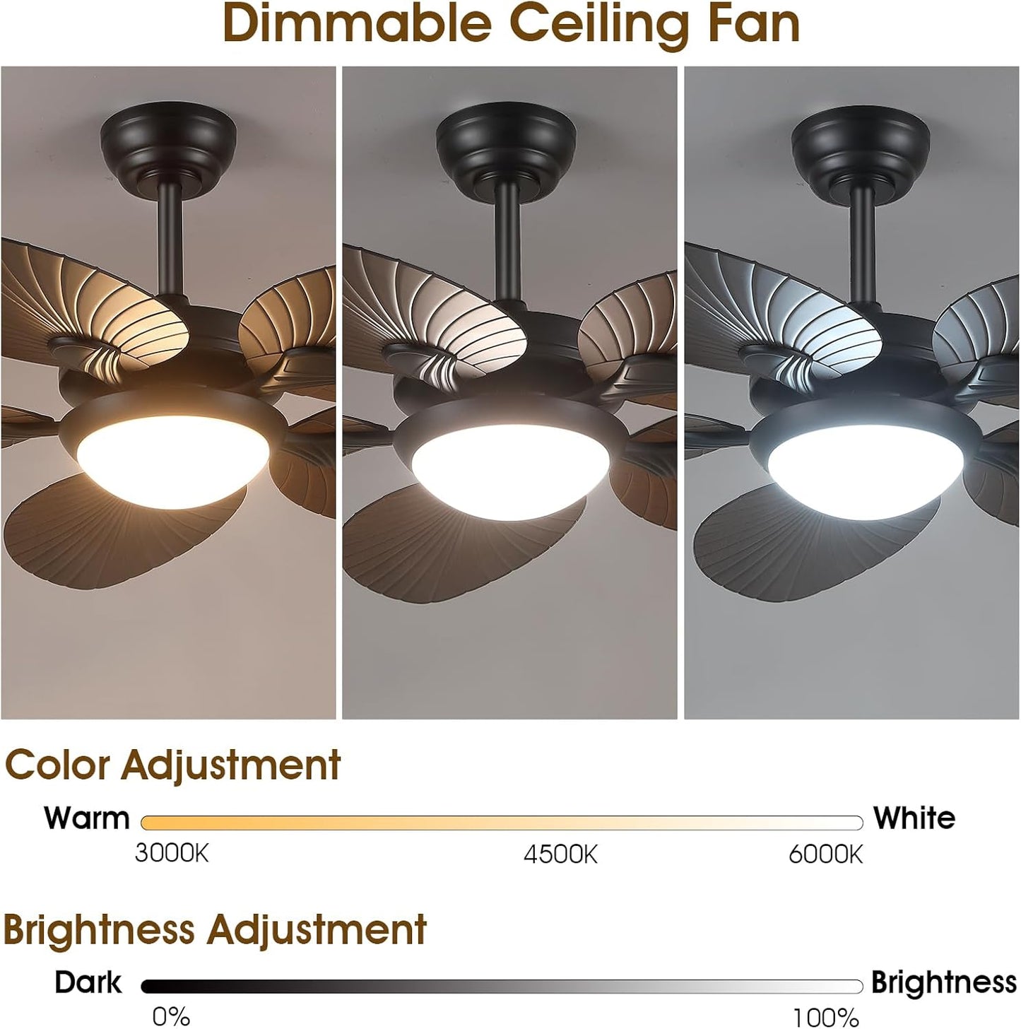 Wiviniya Ceiling Fans with Lights and Remote/APP Control, 44 Inch Tropical Palm Leaf Ceiling Fan with LED Lights, Outdoor Ceiling Fans for Patios Porch, Reversible Quiet Motor, Dimmable, Light Brown