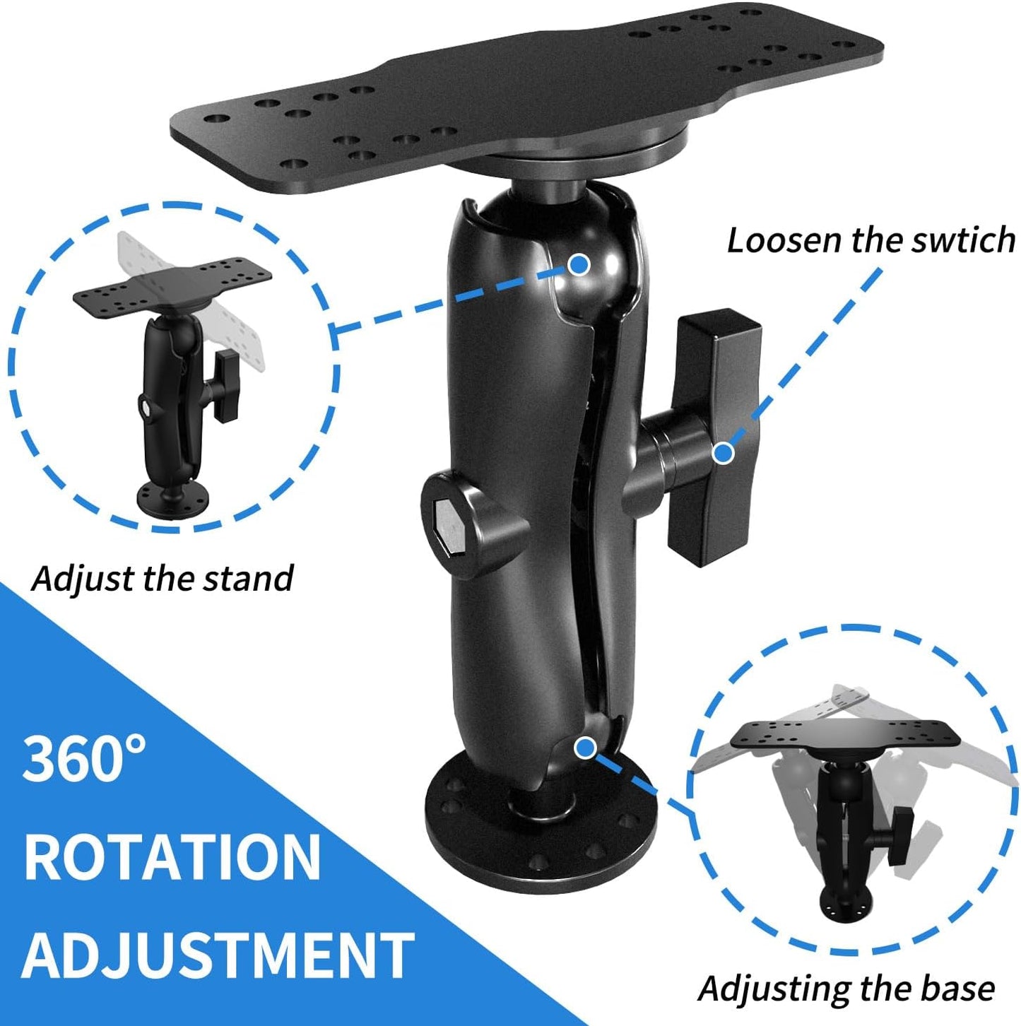 S109 Aluminum Alloy Fish Finder Mount with C Size 1.5" Ball, Dual Purpose Rectangle Plate & Round Base, 6.7" Long Arm Marine Electronic Mount Compatible with Garmin, Lowrance, Humminbird, and More