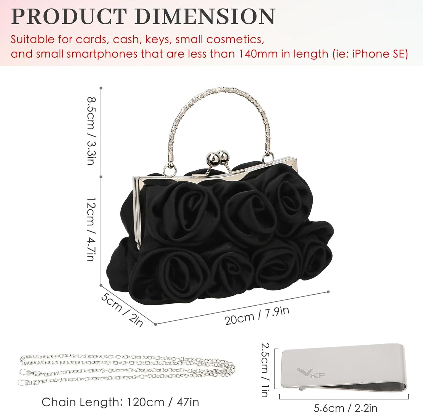 kilofly Missy K 7 Roses Clutch Purse, Satin, with Detachable Strap + kilofly Money Clip