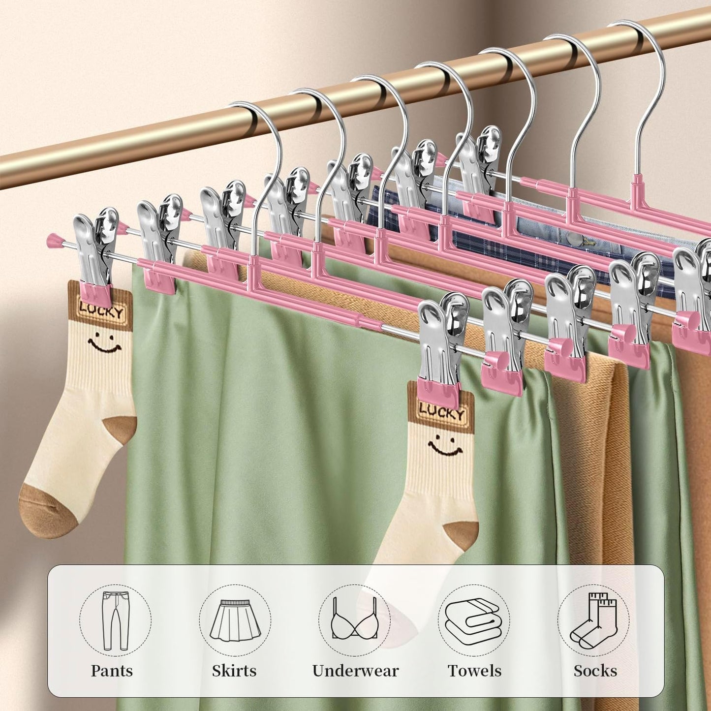 14Inch Black Pants Hangers with Clips 10 Pack Adjustable Skirt Hangers for Women Non-Slip Trousers Hanger for Jeans Clothes Hangers for Pants Heavy Duty Space Saving Shorts Hangers