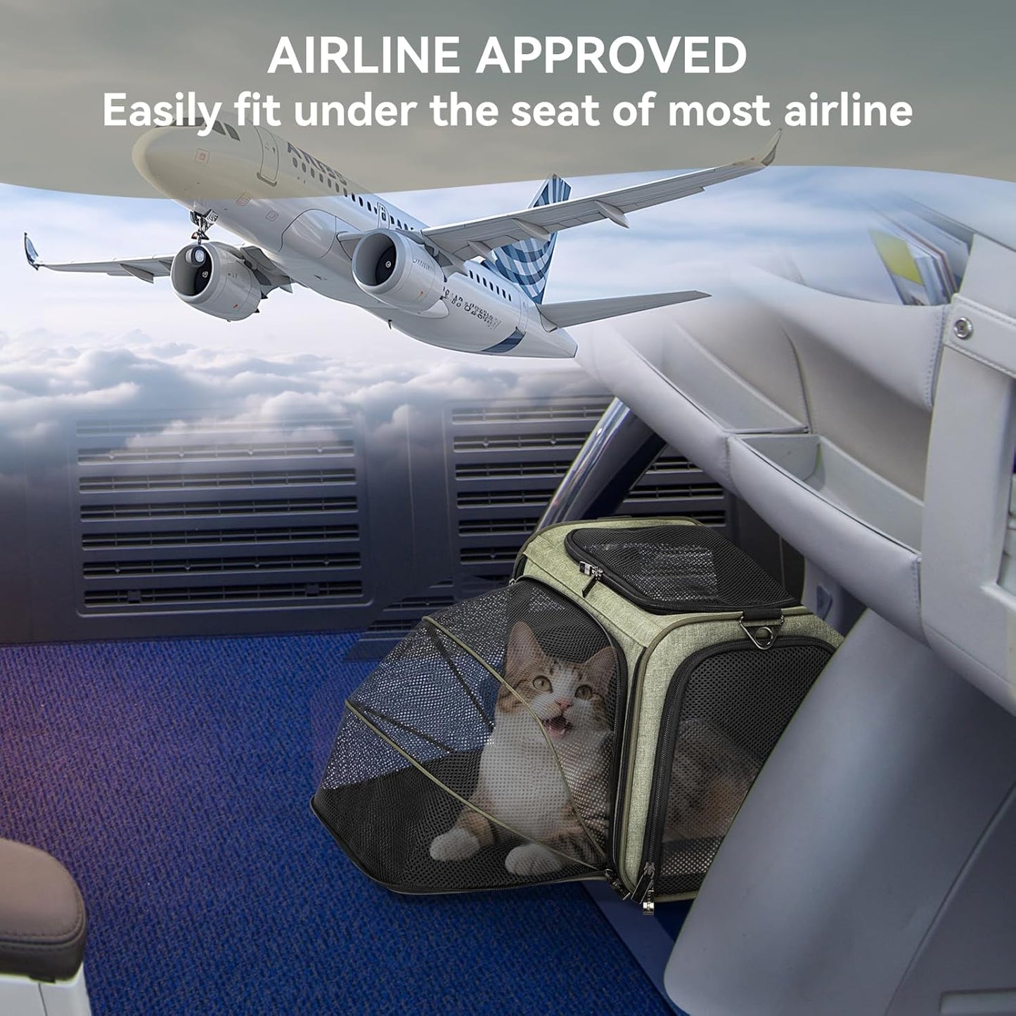 Petsfit Expandable Cat Dog Carrier Airline Approved, 17" L x 11" W x 11" H Soft-Sided Portable Pet Travel Carrier for Kitten, Puppy, Removable Soft Plush Mat and Pockets, Auto-Locking Zippers