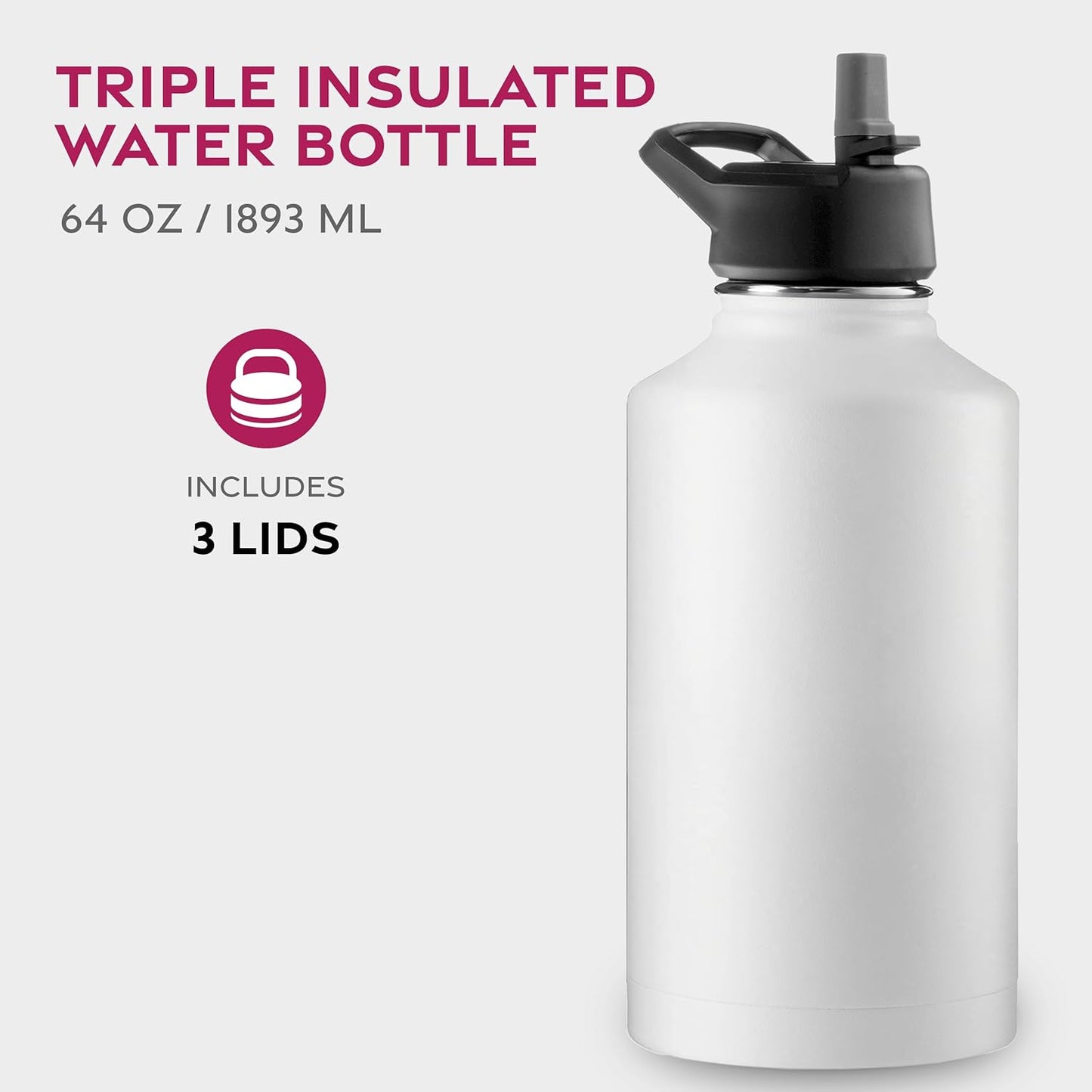 FineDine Water Bottle - Stainless Steel Insulated Water Bottle with Straw Lid, Flip Lid & Wide-Mouth Cap - Keeps Hot and Cold - 25 Oz / 739ml - Pure Pearly White