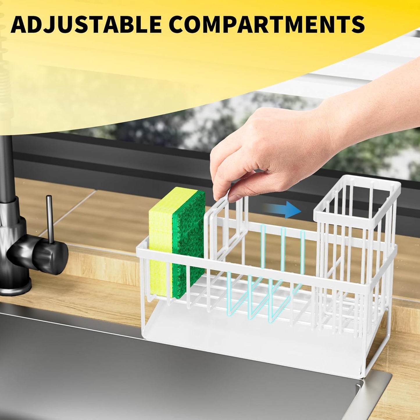 Cisily Kitchen Sink Caddy Organzier with High Brush Holder, Sponge Holder for Sink, 304 Rustproof Stainless, Kitchen Countertop Soap Dispenser Organizer, Kitchen Decor and Accessories (Black)