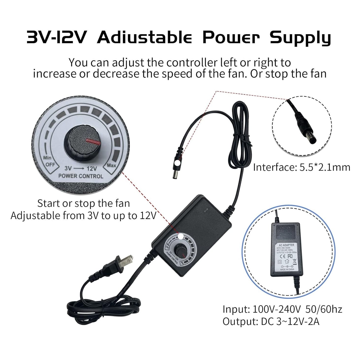 120mm Case Fan with Variable Speed Controller 3V to 12V, Axial Computer Fan with AC Plug 110V 120V 220V, Quiet Brushless USB Fan for PC Computer Cooling Biltong Box Cabinet Receiver Xbox DVR, 2 Pack - PuriLite