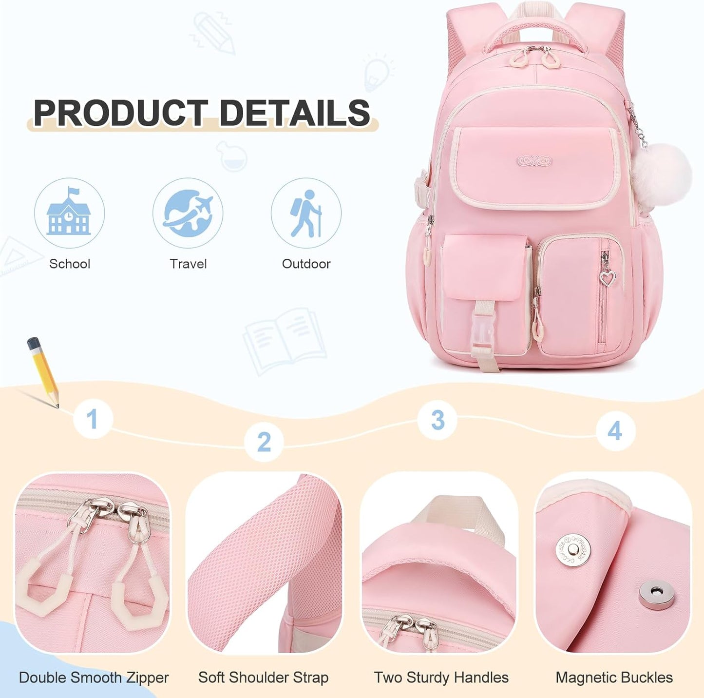 3PCS School Backpack for Girls with Lunch Box Pencil Pouch for Teen Girls Children Elementary Primary Middle High College Daypack School bag Bookbag Set Pink