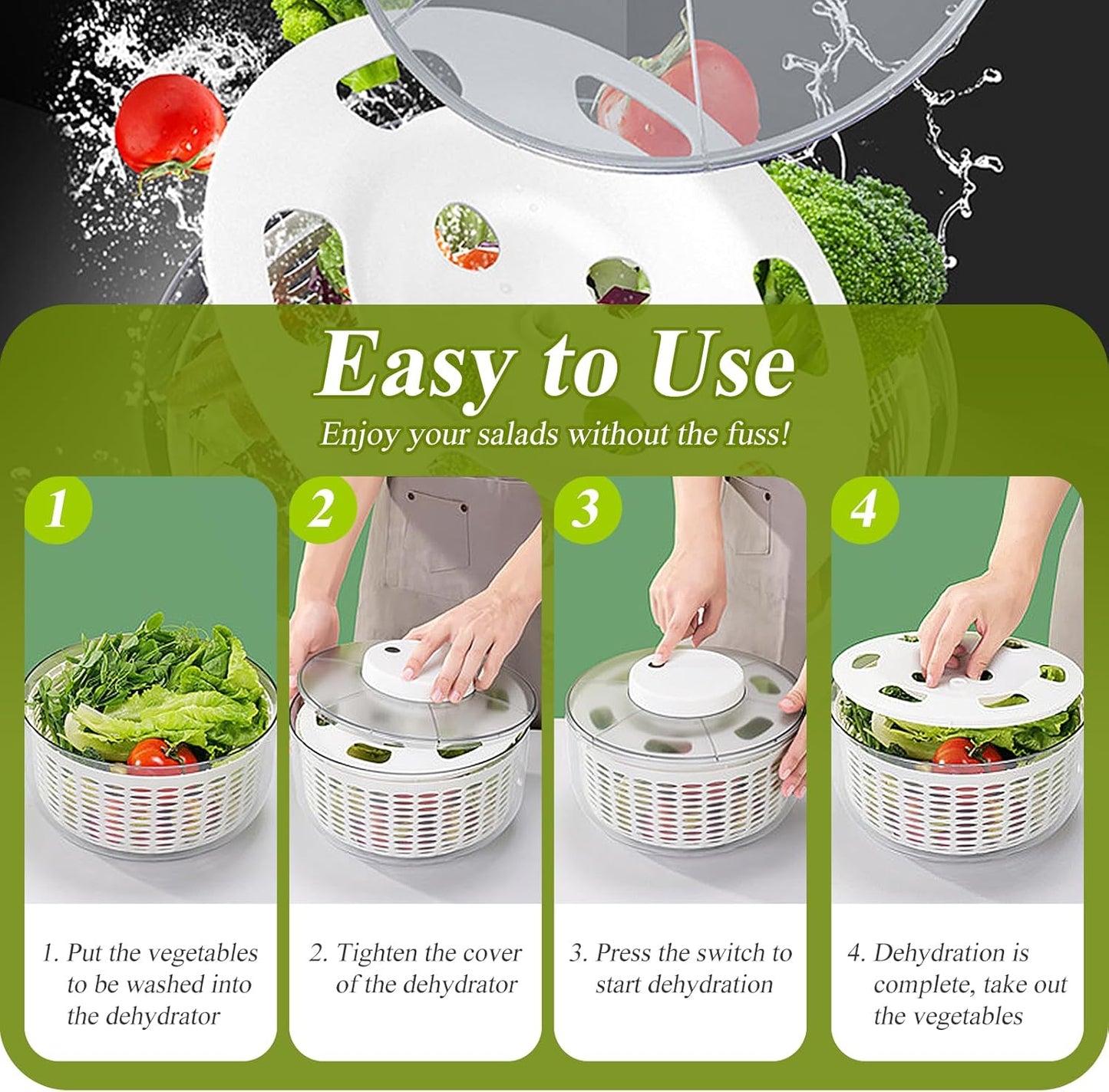Electric Salad Spinner 6L Automatic Salad Spinner with 350 ml Squeeze Bottle, Quick Dehydrator for Fruit Vegetables,Lettuce Spinner with Lid, Multifunction Large Capacity, USB Rechargeable