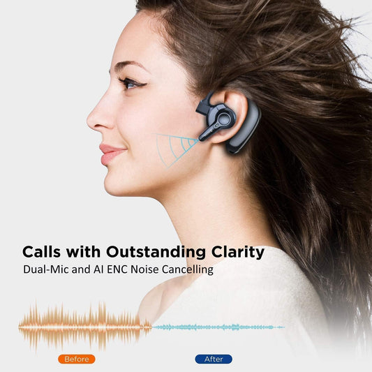 emotal Dual-Mic AI Noise Cancelling Bluetooth Headset for Cell Phones, 10 Days Standby 30Hrs HD Talktime Bluetooth Earpiece IPX6 Waterproof Ultralight for Driving/Truckers/Business - PuriLite