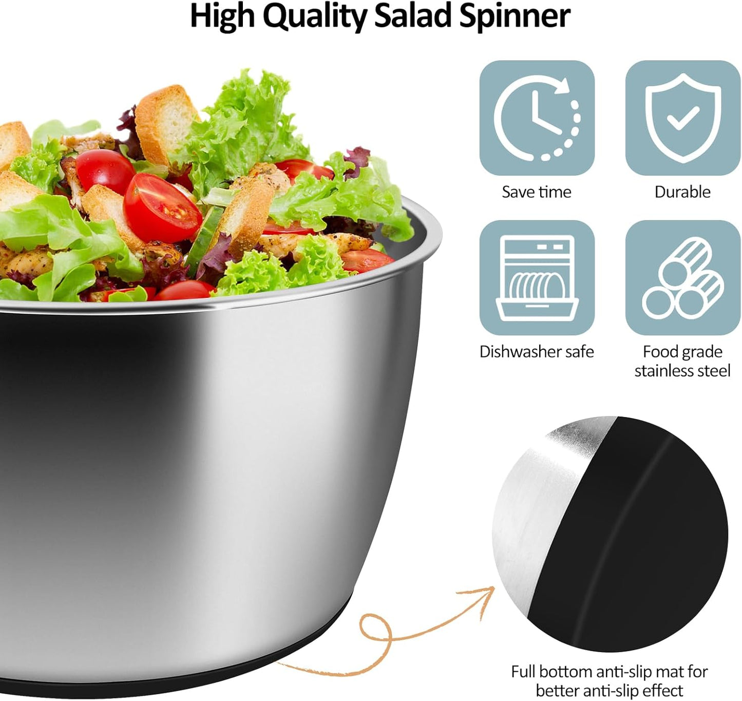 RAINBEAN Salad Spinner Stainless Steel Large, Multi-Use Lettuce Spinner Wash Spin and Dry Fruits and Vegetables with Drain Bowl Colander Spinner (5 Qt)