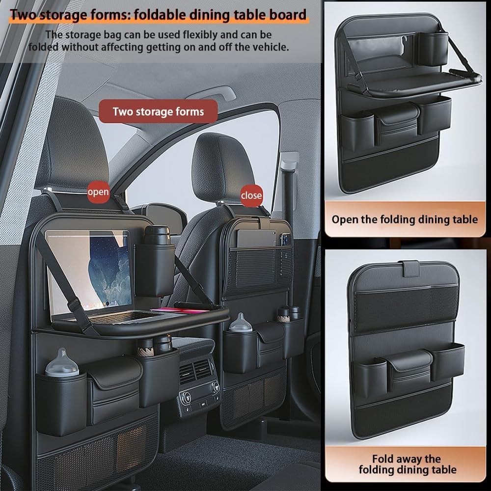 2 Pack Car Backseat Organizer, Car Storage Organizer with Foldable Table Tray,Leather Car Seat Back Protectors Kick Mats with Storage Pockets Travel Accessories