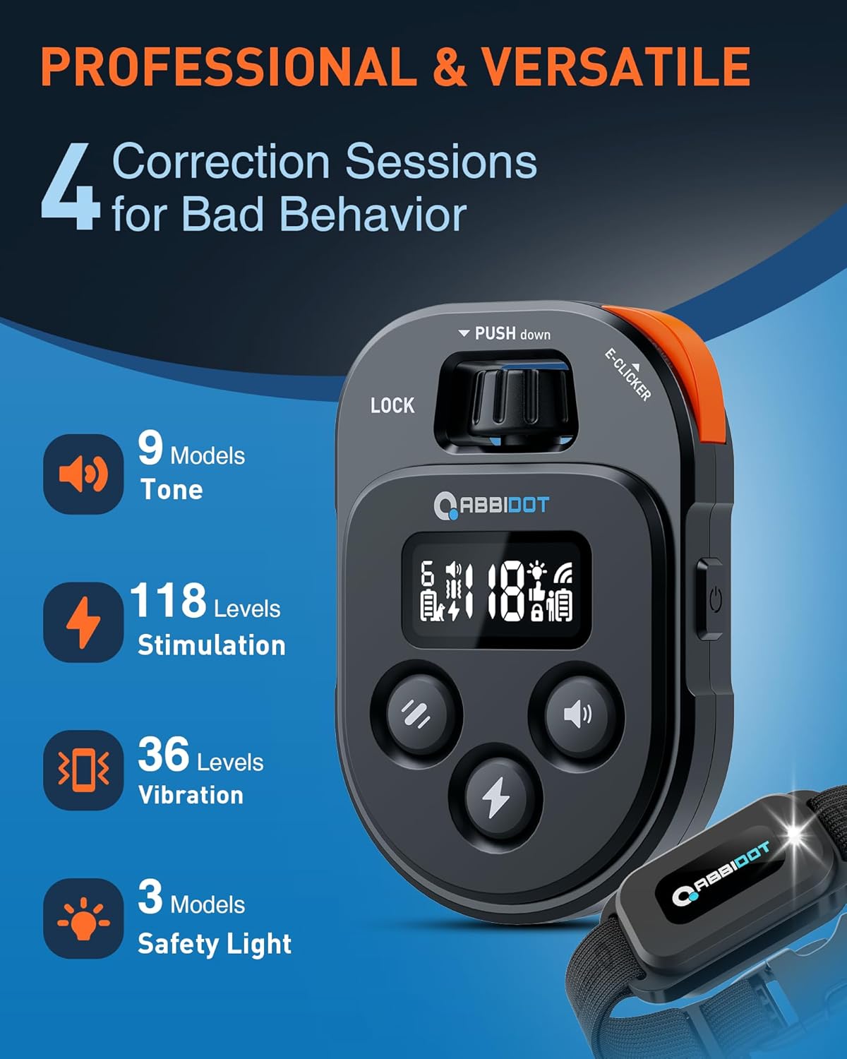 ABBIDOT Shock Collar 2 Dogs - 4500ft Dog Training Collar, 178 Levels, E-cliker, Waterproof Remote & Collar, Night Light E Collar for Small Medium Large Dogs (Black, 2 Collars)