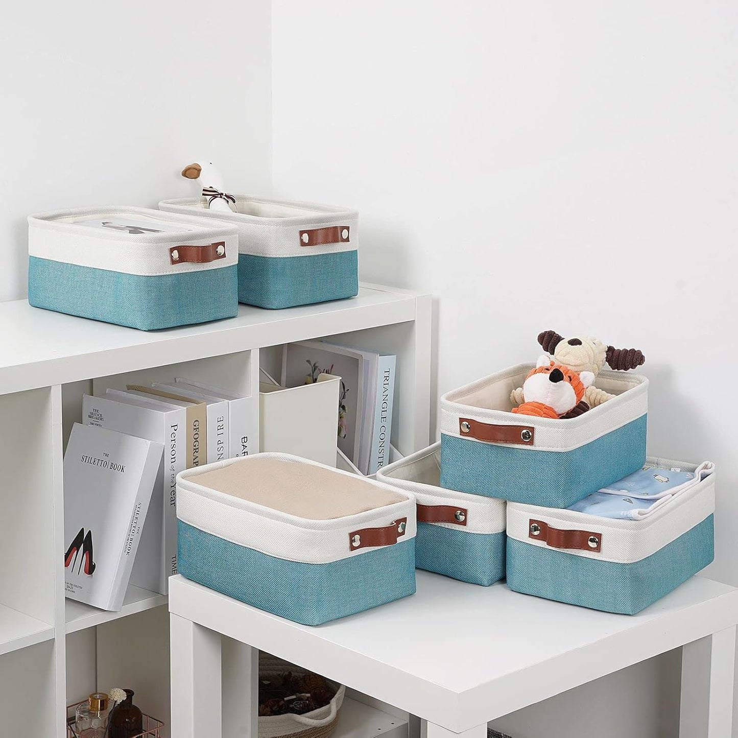 DULLEMELO Storage Baskets for Shelves, Fabric Collapsible Rectangular Storage Bins for Shelves, Closets, Nursery, Home, Office, Empty Gift Baskets (White&Teal)