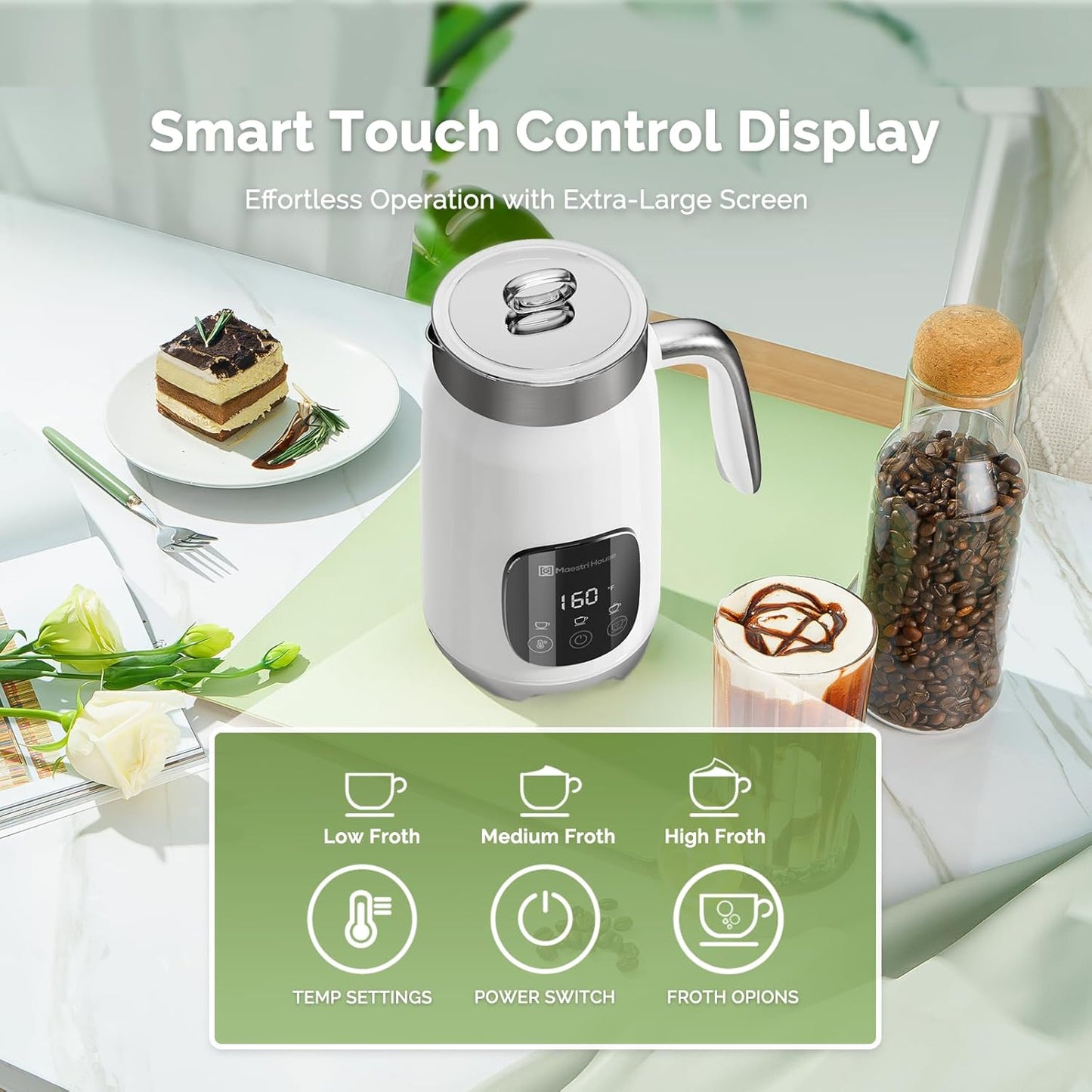 Maestri House Milk Frother, Variable Temp and Froth Thickness Milk Frother and Steamer, 14.1OZ/400ML Smart Touch Control Foam Maker, Memory Function for Latte, Warm Milk, Hot Chocolate,DualFro 400
