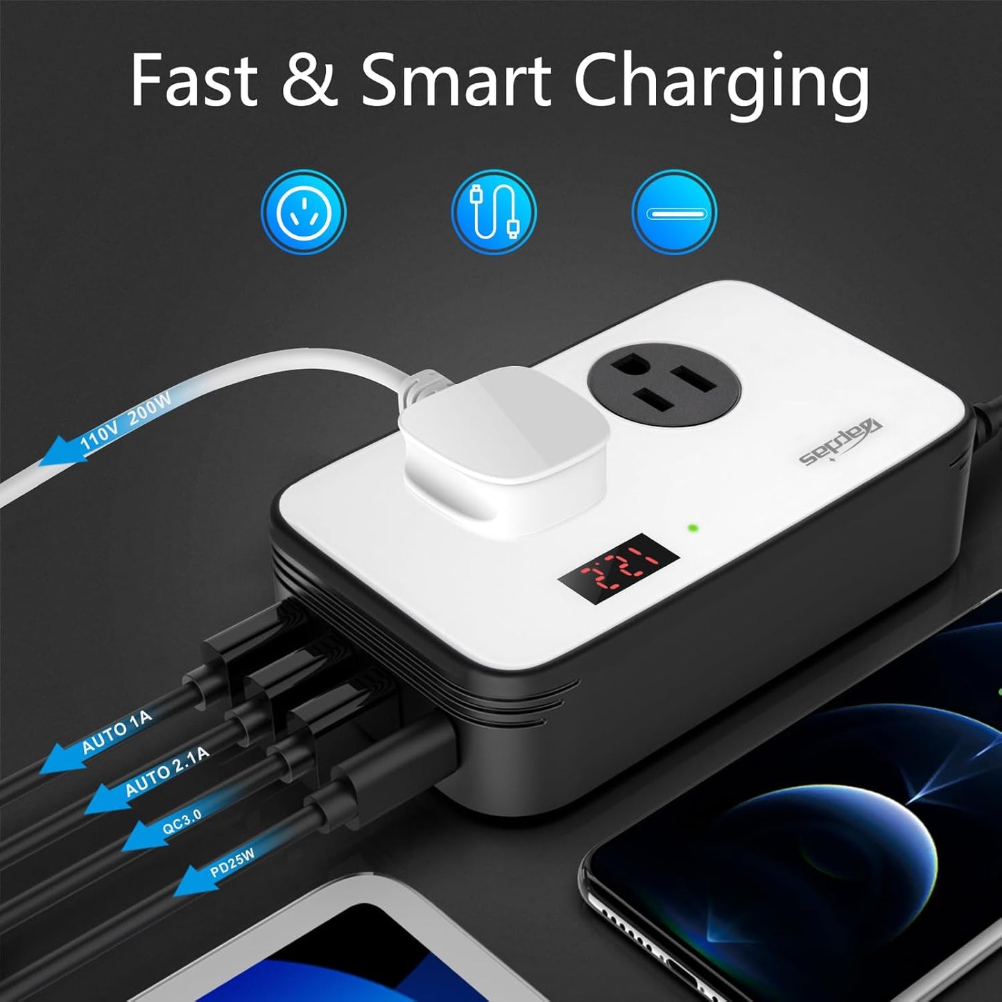 Bapdas 200W Power Inverter DC 12V to AC 110V Car Adapter Plug Outlet with PD 25W USB-C, QC3.0 and Dual USB Ports Loptop Car Charger