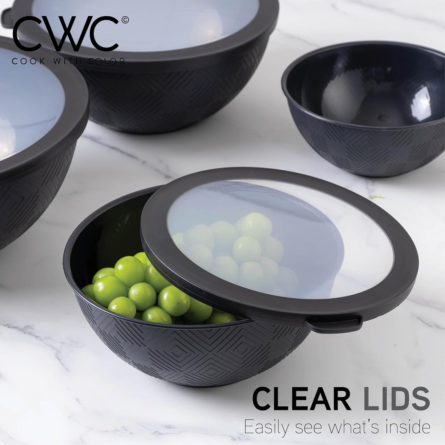 COOK WITH COLOR Mixing Bowls with TPR Lids - 12 Piece Plastic Nesting Bowls Set Includes 6 Prep Bowls and 6 Lids, Microwave Safe Mixing Bowl Set (Green)